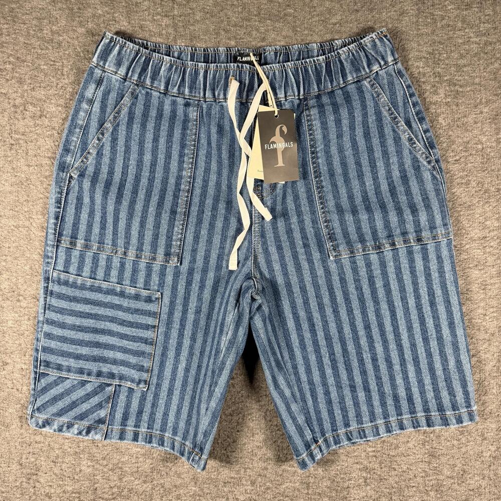 Flamingals Womens M Striped Denim Bermuda Shorts Drawstring NWT Railroad Stripe